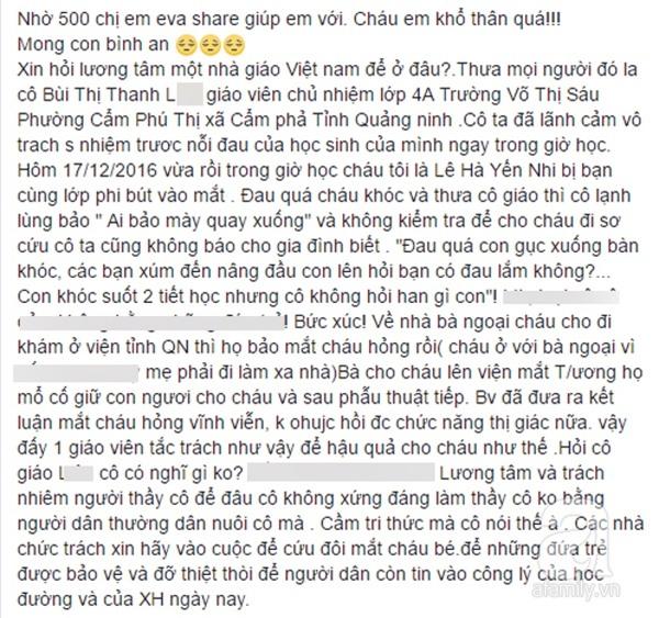 Quảng Ninh: Học sinh lớp 4 bị bạn dùng bút chọc thủng mắt ở trường, giáo viên chủ nhiệm thờ ơ? - 1