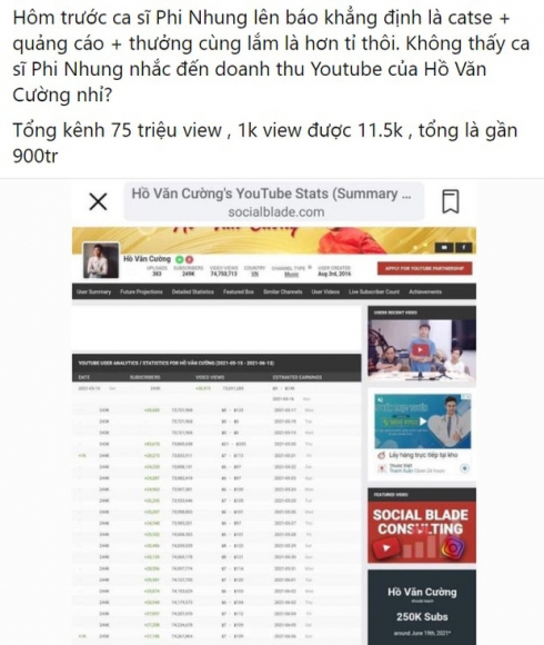 1 Phi Nhung Noi Cat Xe Ho Van Cuong Chi Hon 1 Ty Dong Netizen Lam Toan Chat Van Doanh Thu Khung Tu Youtube Thi Sao