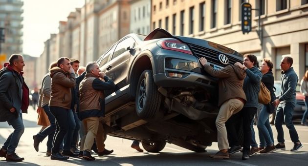 Mười một người qua đường tại Stuttgart hợp sức nâng ô tô cứu sống một phụ nữ