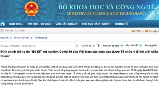 NÓNG: Bộ KH-CN nói thông tin WHO chấp thuận kit test Việt Á sai do 'tổng hợp...